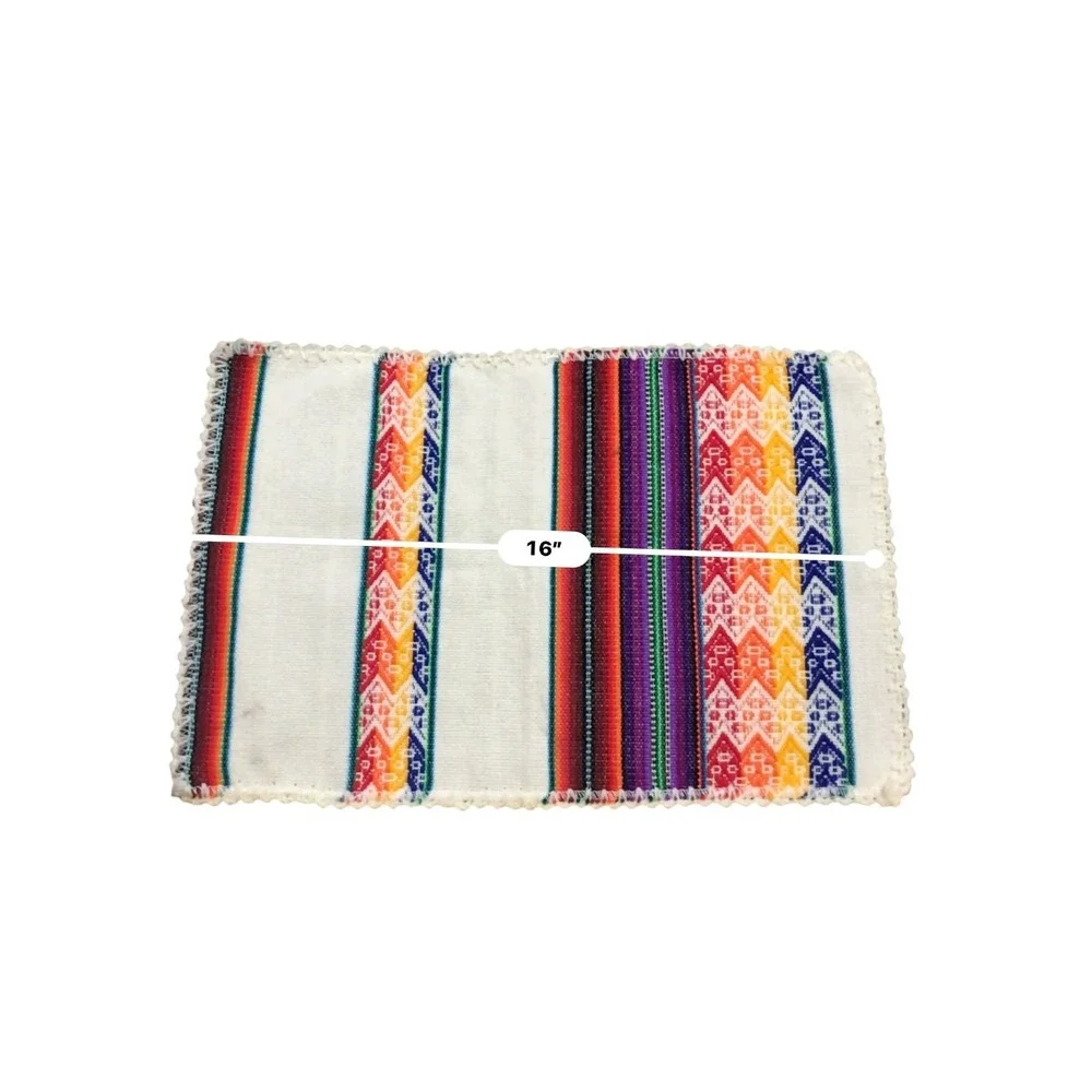 Handwoven Peruvian Textile Placemat Rainbow Geometric Stripe Crochet Trim 16x11